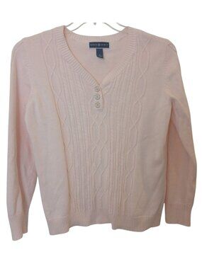 Karen Scott Pink Cable Knit Sweater Button VNeck Size S Cotton Long Sleeve #I-2